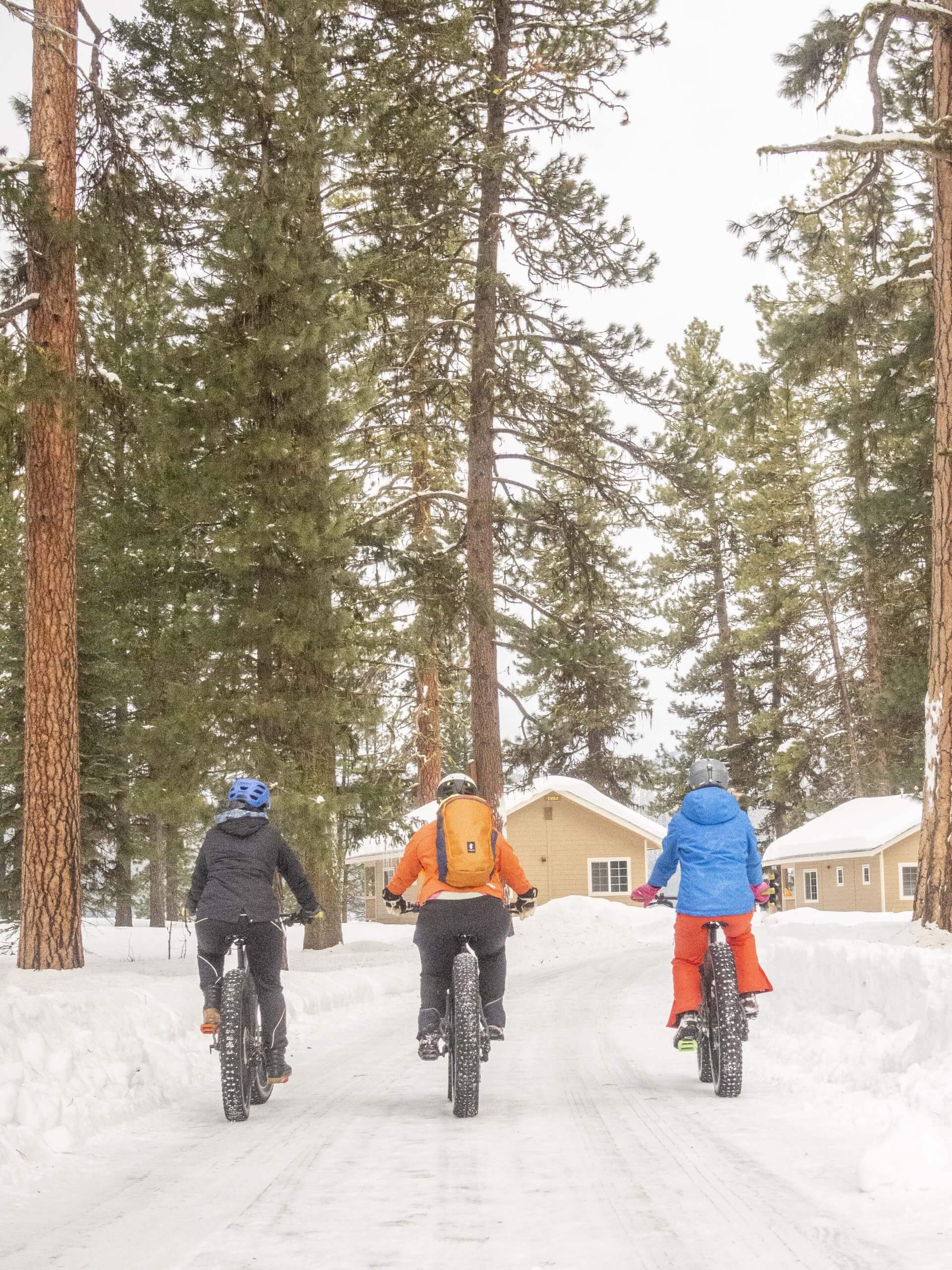 Three people fat bike in the snow in McCall.