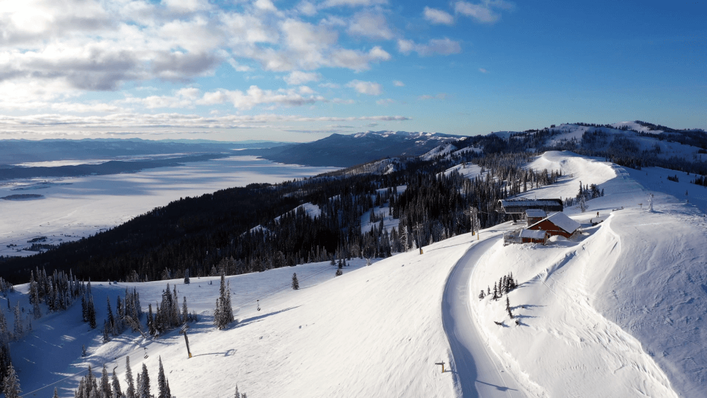 Aerial view of Tamarack Resort during the winter. 