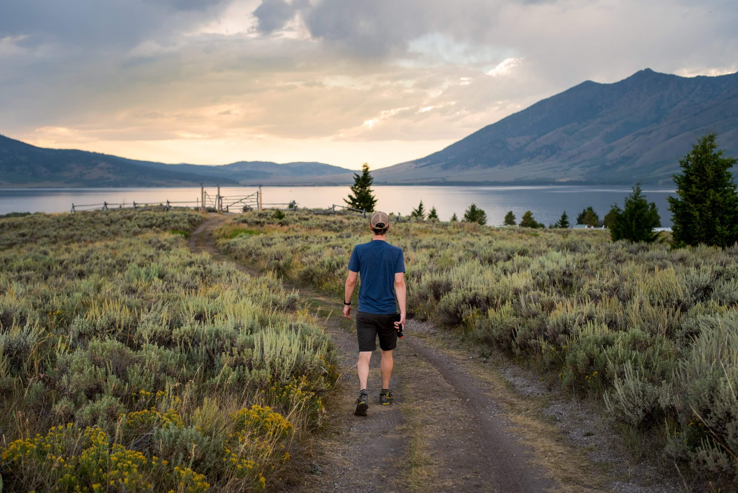 Man walks towards lake in Island Park.