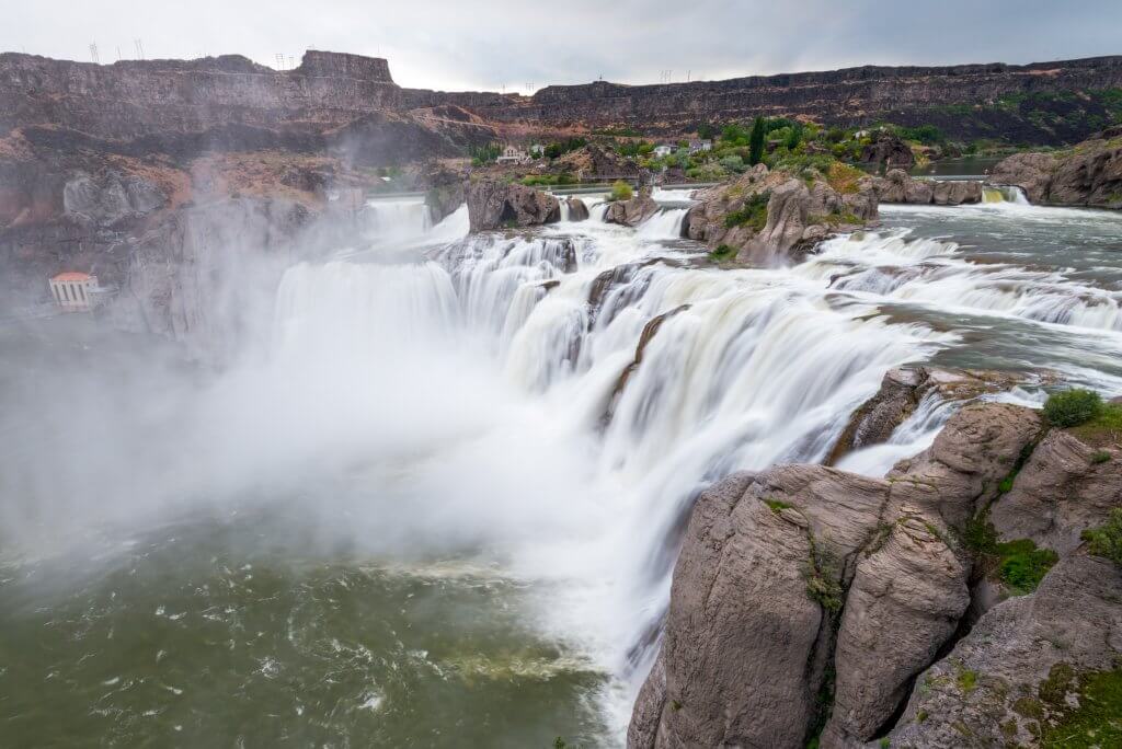 Water flows over Shoshone Falls. 