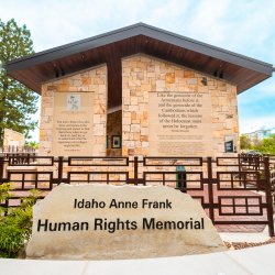 An entrance sign to the Anne Frank Human Rights Memorial.