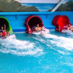 Water park visitors splashing into a pool of water from three waterslides.