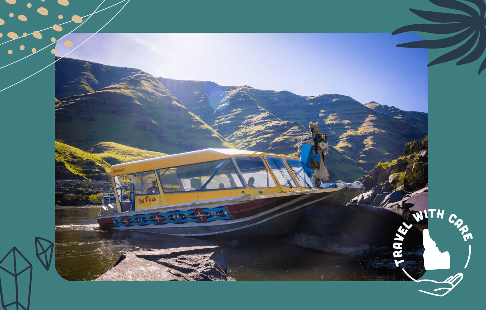 A woman wearing traditional Nez Perce clothing standing at the edge of a jet boat in Hells Canyon.