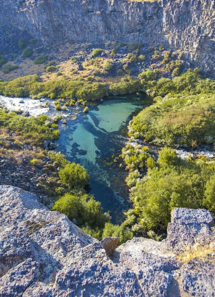 An overhead view of a body of water surrounded by trees and rock formations in Earl M. Hardy Box Canyon Springs Nature Preserve.