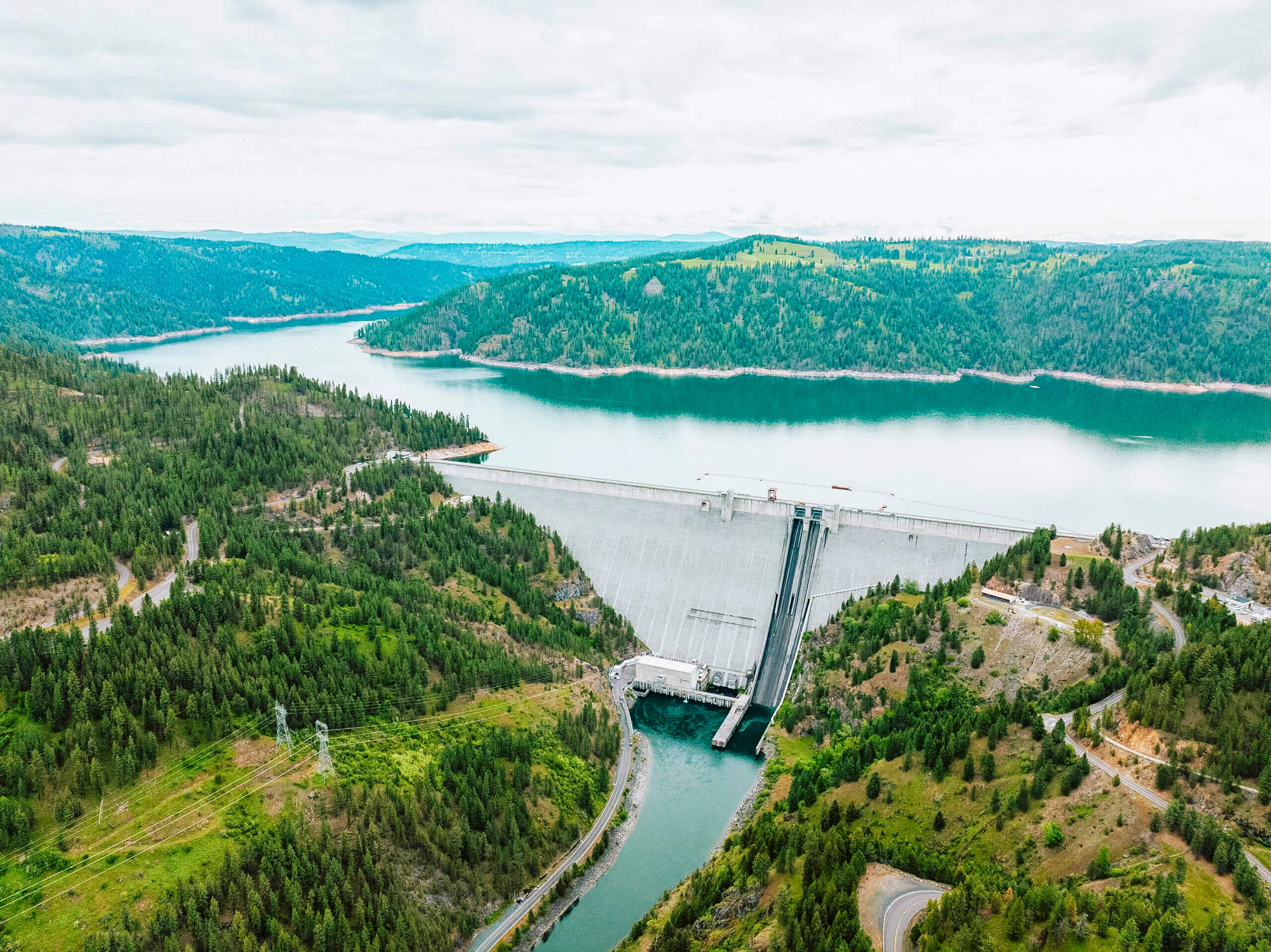 Aerial view of Dworshak Dam and Reservoir.