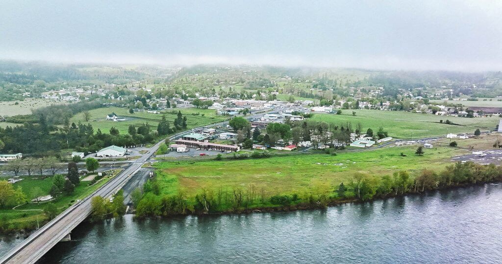 Aerial view of the town of Kamiah from the water.