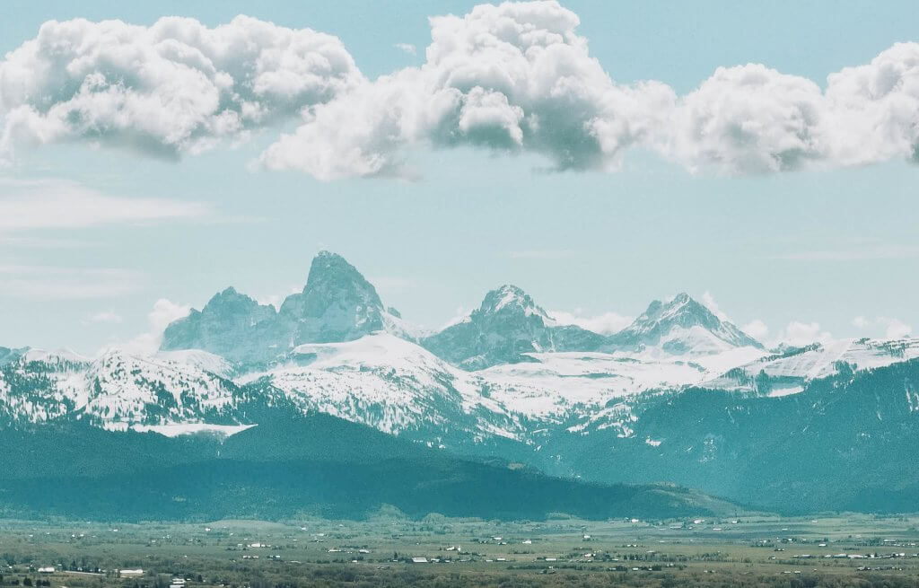 View of Teton Mountains over Driggs, Idaho.