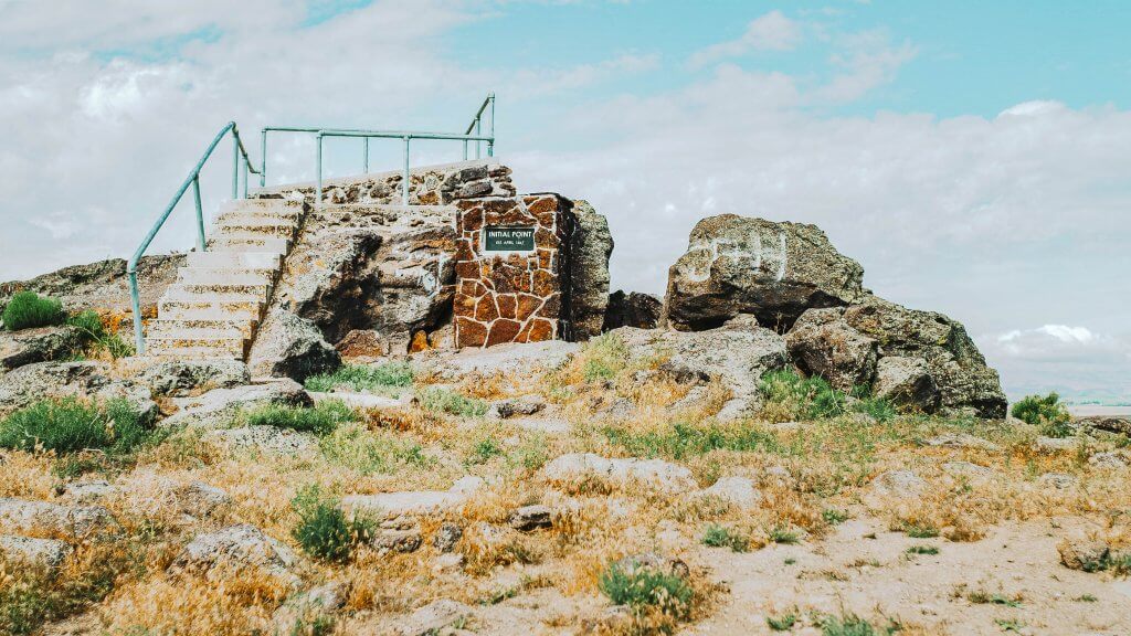 A view of the staircase with blue rails that leads up to Initial Point, a volcanic butte that overlooks the Western Snake River Plain, near Kuna.