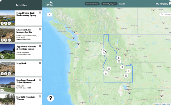 A screenshot of the VITA platform showing a list of various destinations in Idaho beside a map of Idaho with various points of interest marked by icons.