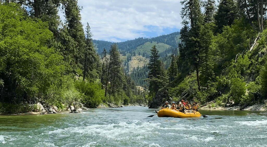 A group goes whitewater rafting across the Middle Fork of the Salmon River, waves rushing ahead, lush green landscapes behind them.