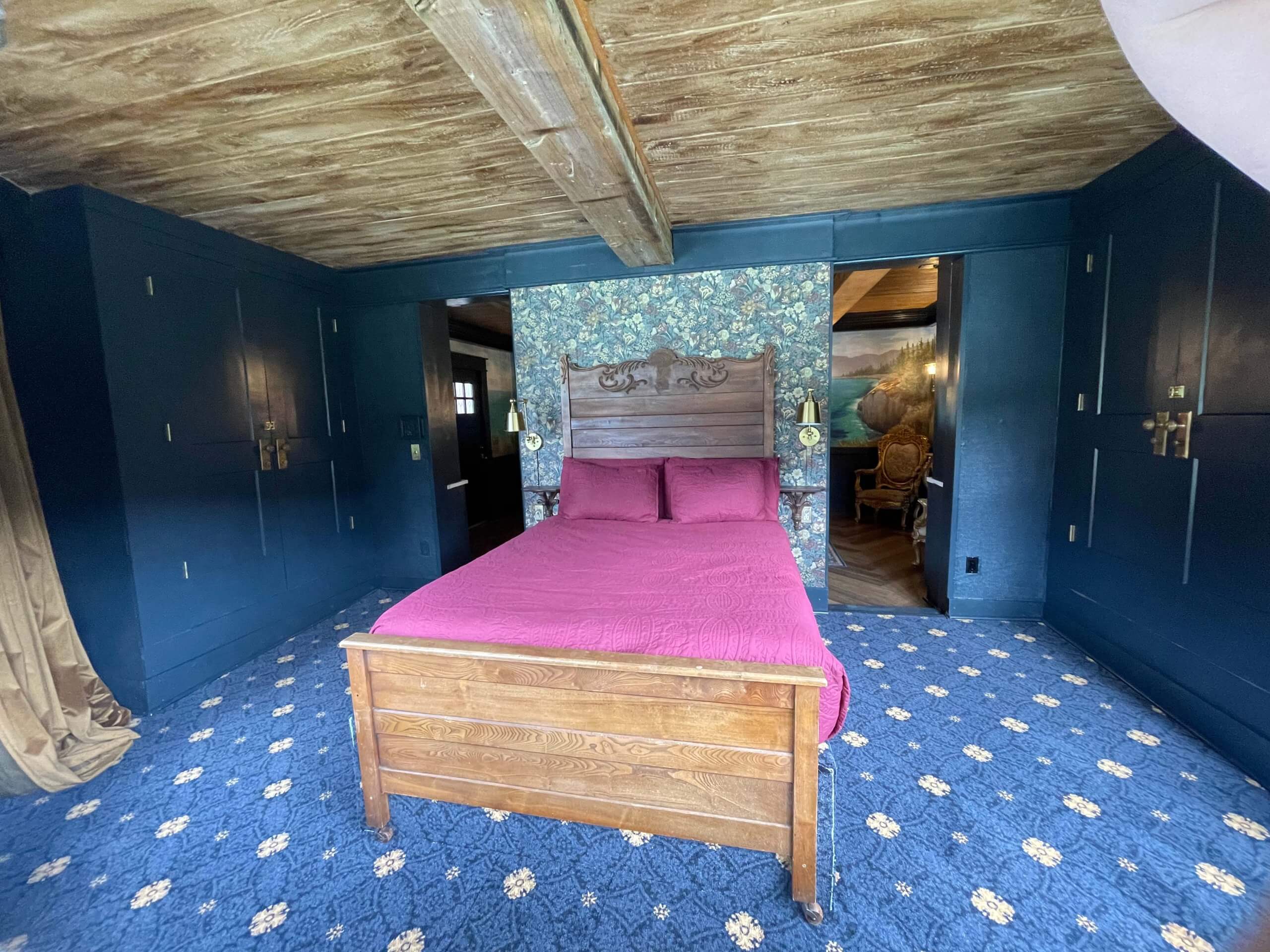 A vibrant view of the master bedroom inside Shipwreck House in Salmon, Idaho.