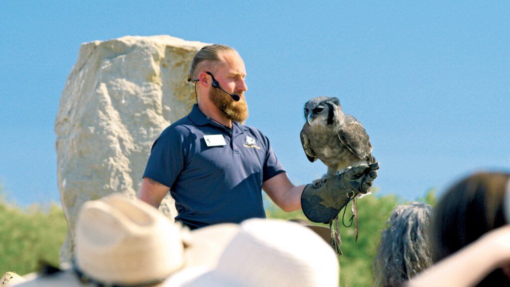 A man holds a bird at the World Center for Birds of Prey. 