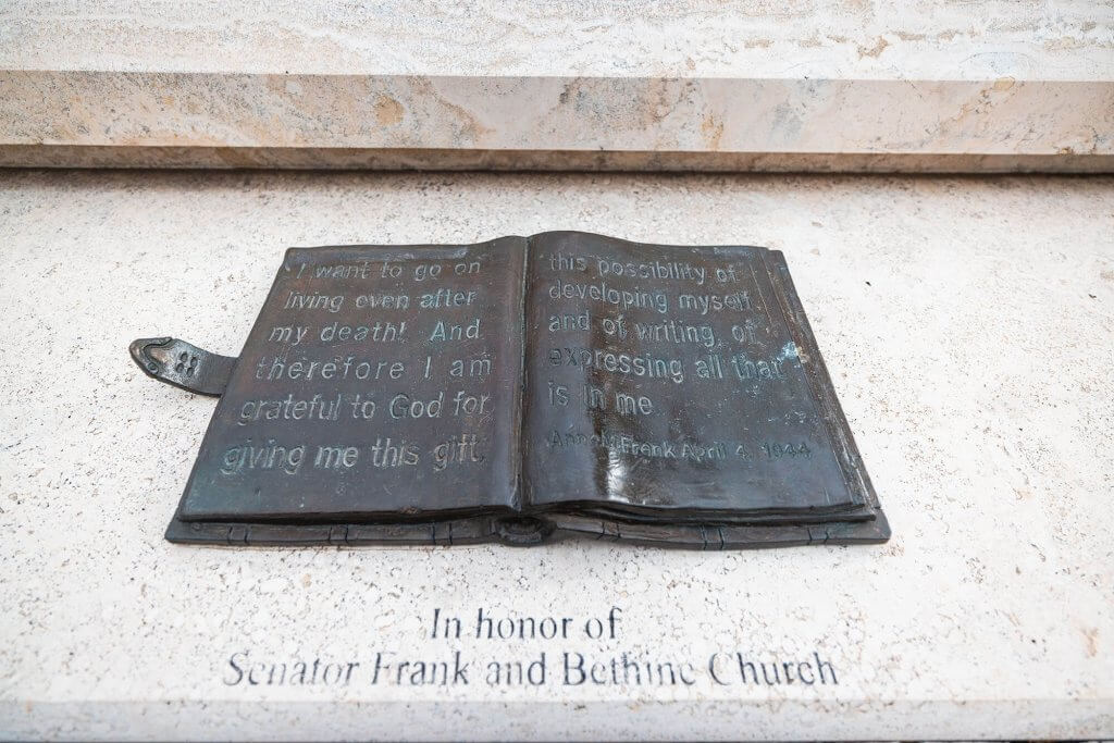 A metal replica of Anne Frank's diary.