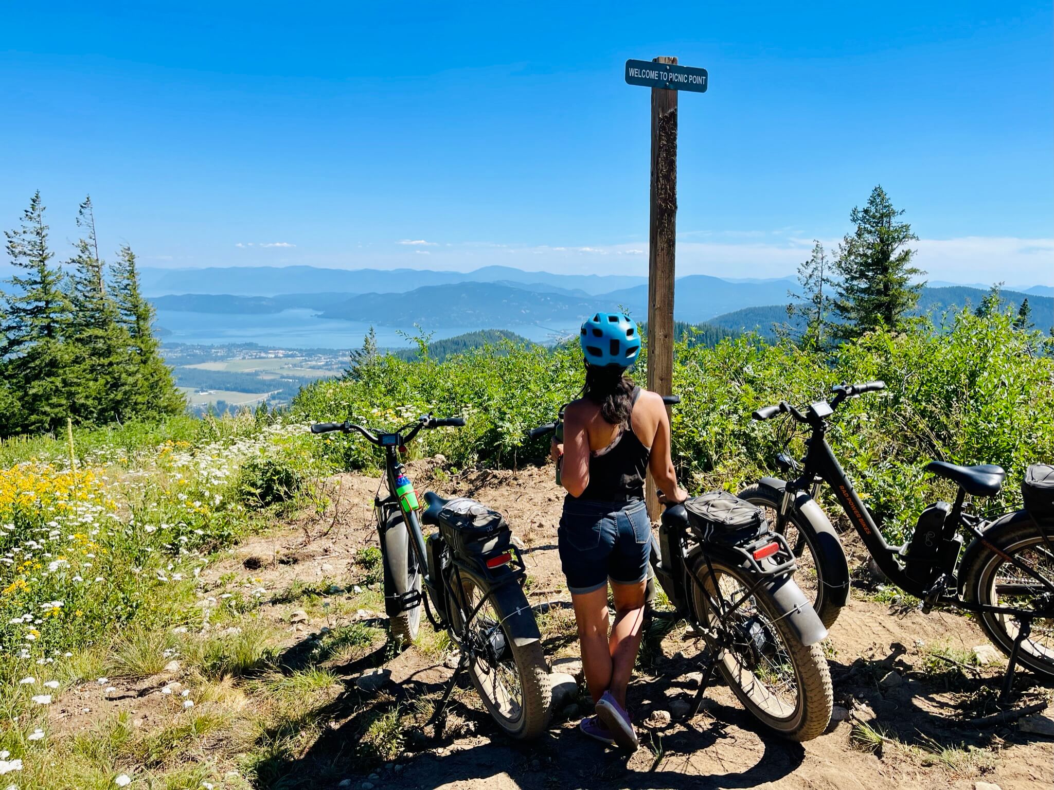 people mountain biking