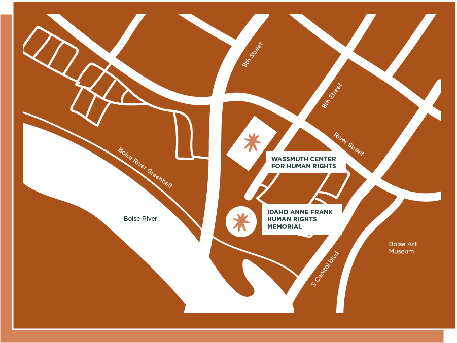 An illustrated map of Boise, Idaho that showcases areas surrounding the Idaho Anne Frank Human Rights Memorial, including the Wassmuth Center for Human Rights.