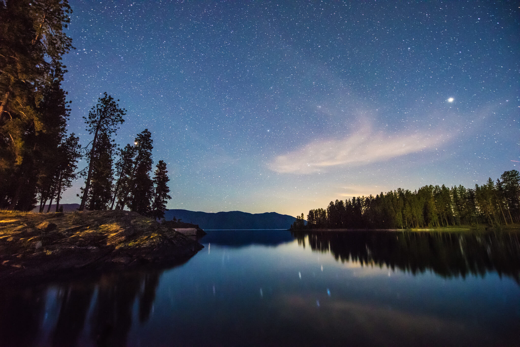 Stars shine over Lake Pend Oreille in Sandpoint, Idaho.