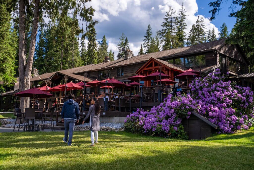 Outdoor patio shot at Hills Resort in Priest Lake, Idaho featuring scenic views.