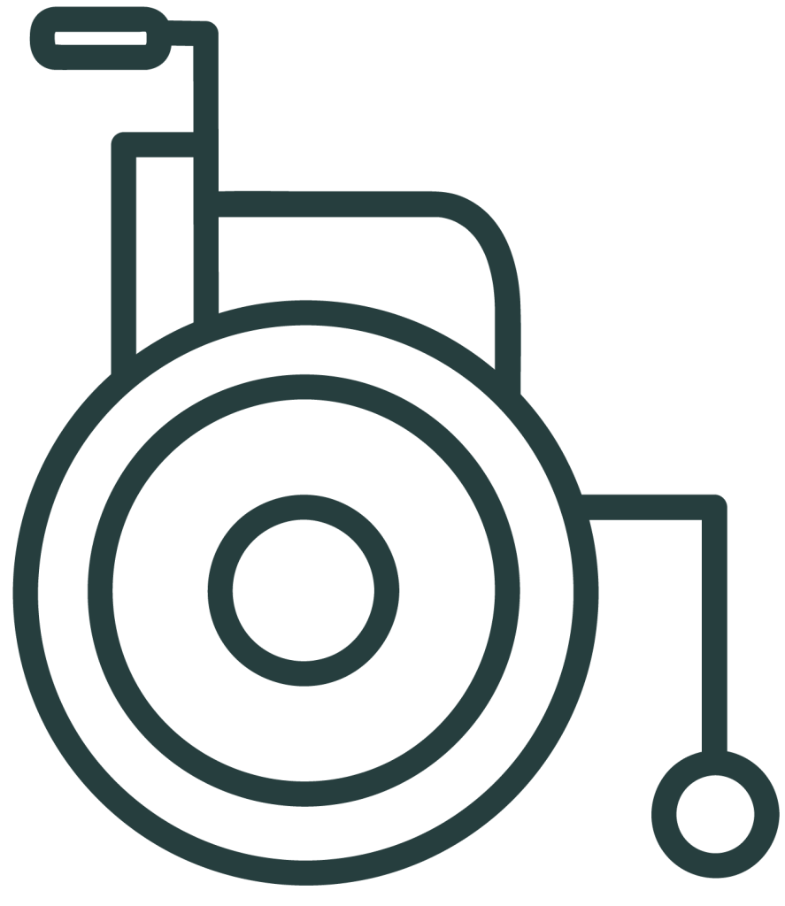 An illustrated teal wheelchair icon.