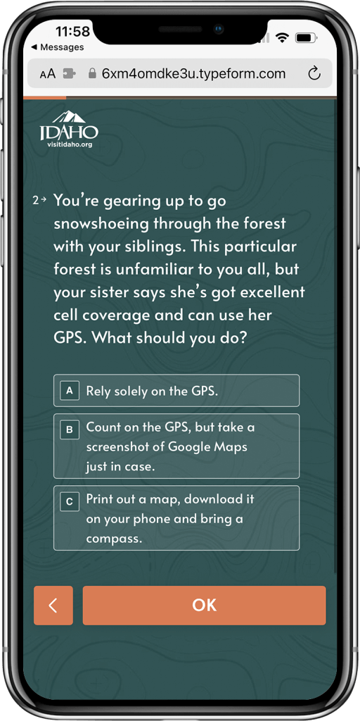 Mockup of Visit Idaho winter safety quiz.
