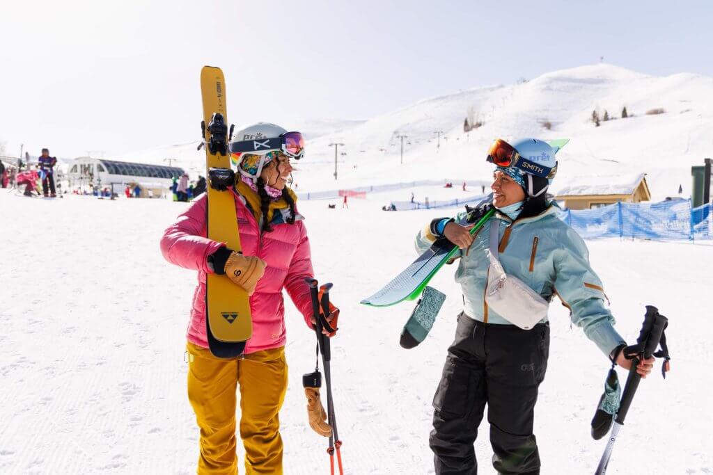 women preparing to ski on Dollar Mountain Sun Valley Idaho