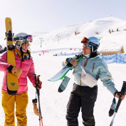 women preparing to ski on Dollar Mountain Sun Valley Idaho