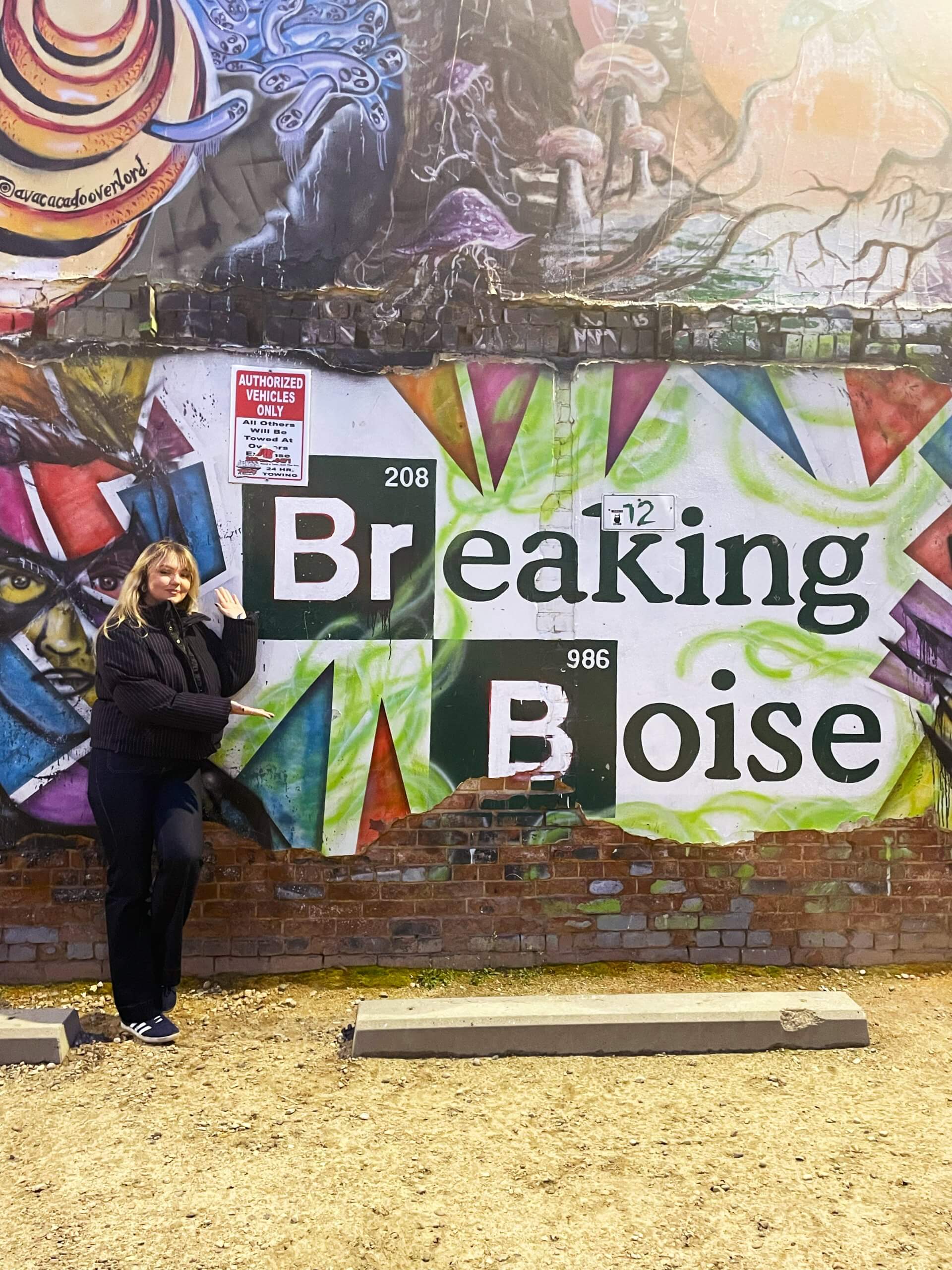 A blonde woman poses in front of a Breaking Boise mural in Freaky Alley.