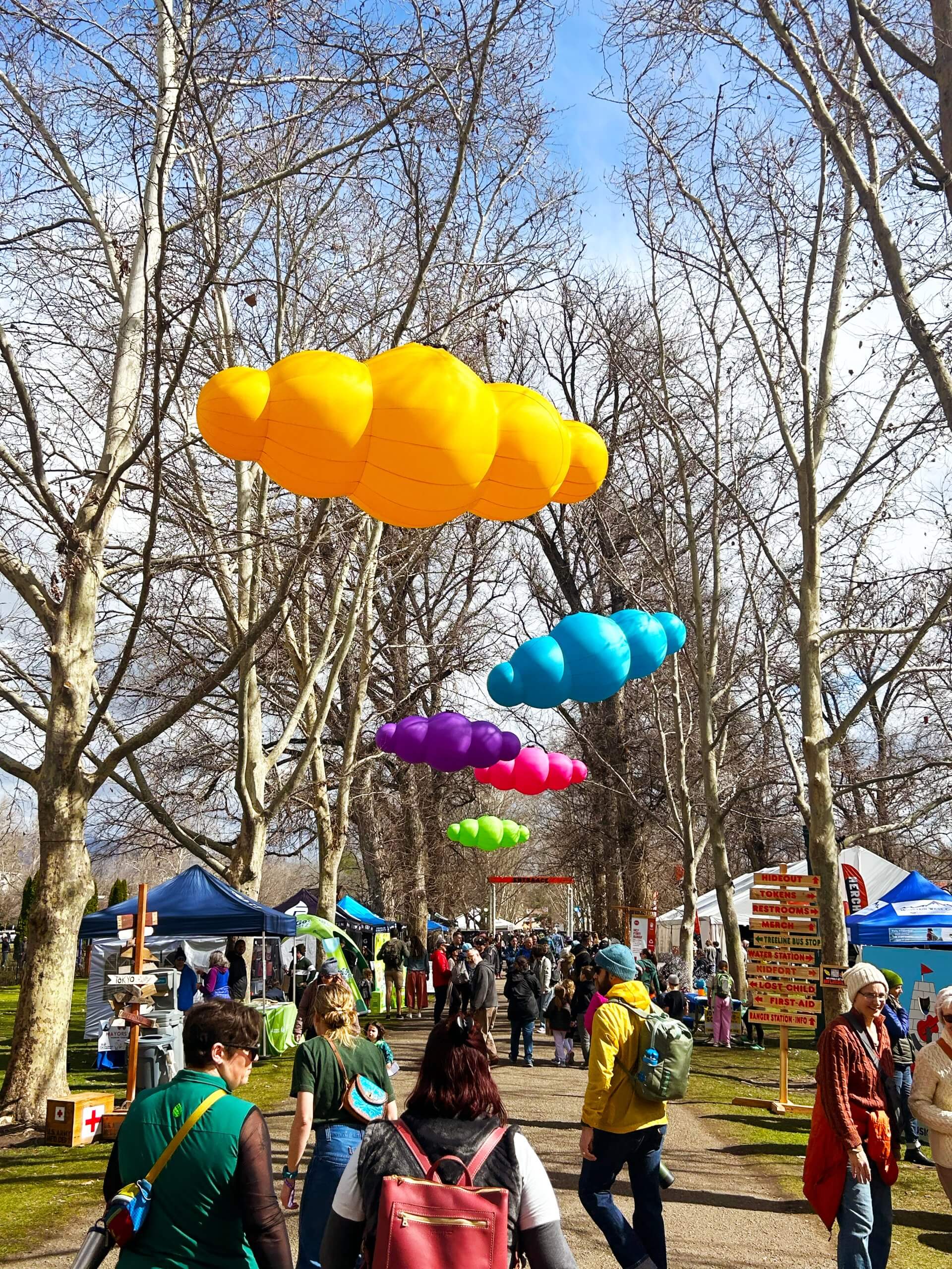 Different colored cloud balloons at Treefort Music Fest.