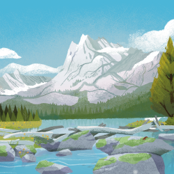 An illustration of a body of large rocks and fallen logs across a body of water, and a forest of trees and mountains in the background.