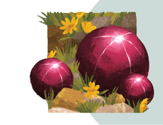 An illustration of a large star garnet beside two smaller star garnets on a grassy landscape with rocks and yellow flowers.