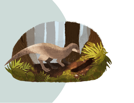 An illustration of an oryctodromeus dinosaur surrounded by a forest of tall trees and plants.