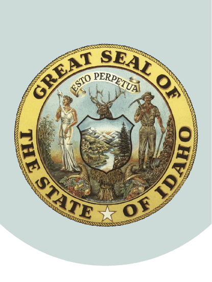 An illustration of the state seal showing the words Great Seal of The State of Idaho: Esto Perpetua, and an image of a woman, a deer and a miner and a river flowing through a landscape with mountains and tall trees.