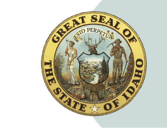 An illustration of the state seal showing the words Great Seal of The State of Idaho: Esto Perpetua, and an image of a woman, a deer and a miner and a river flowing through a landscape with mountains and tall trees.