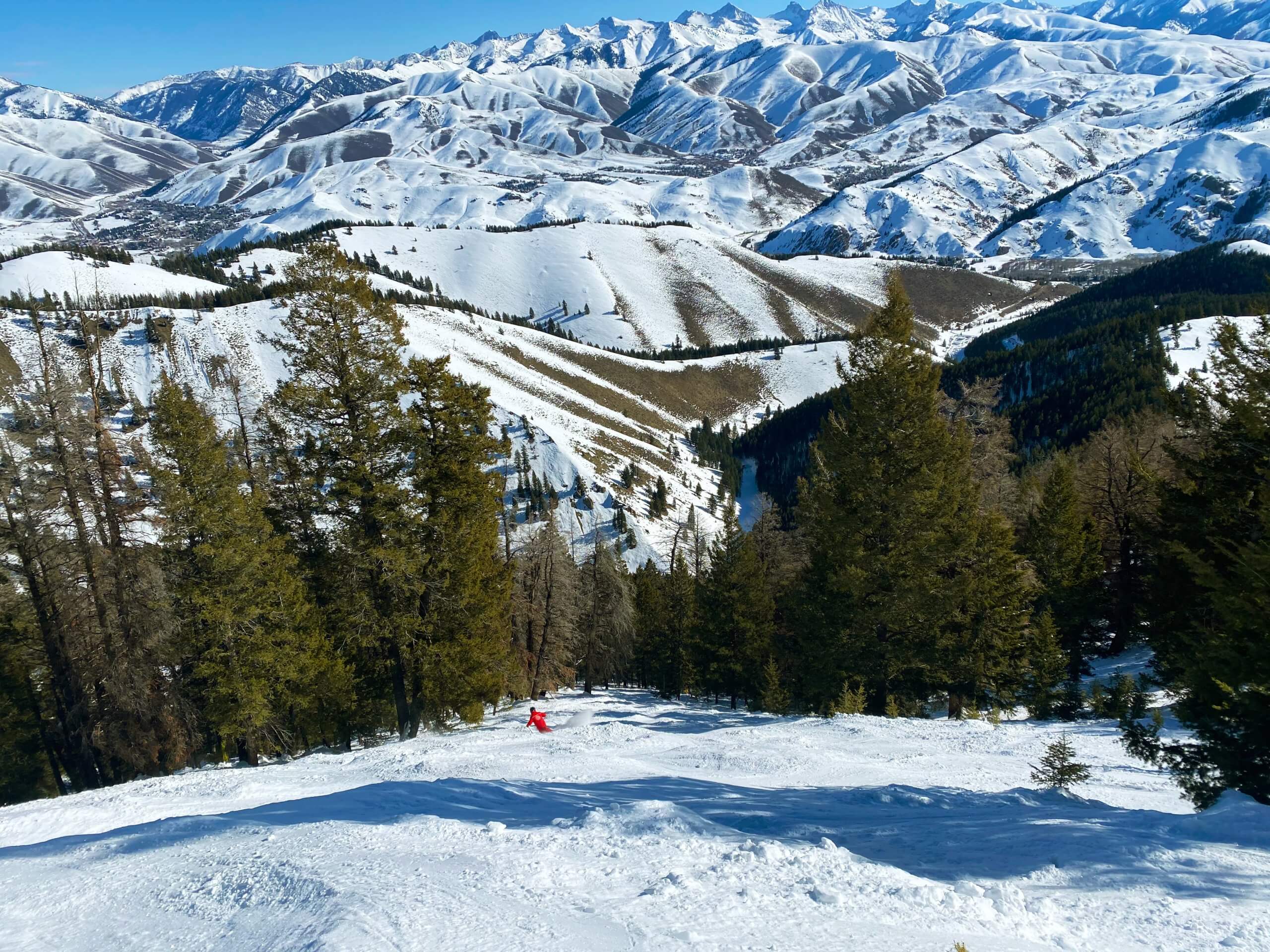 A person skiing down a slope towards a forest of trees and snow-covered mountains in the distance at Sun Valley Resort.