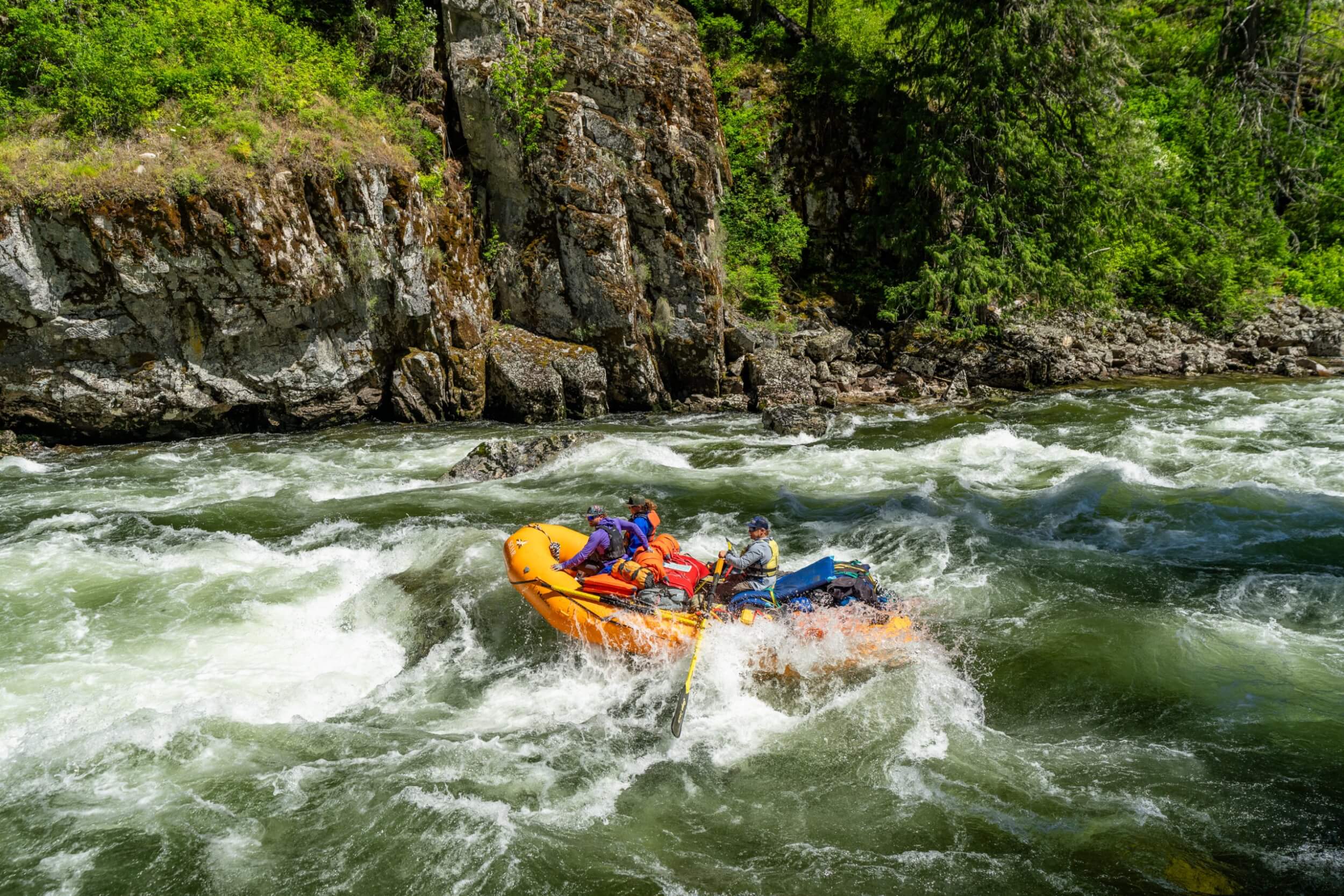 Orange raft tackles a powerful rapid on the Selway River, surrounded by forested canyon walls.