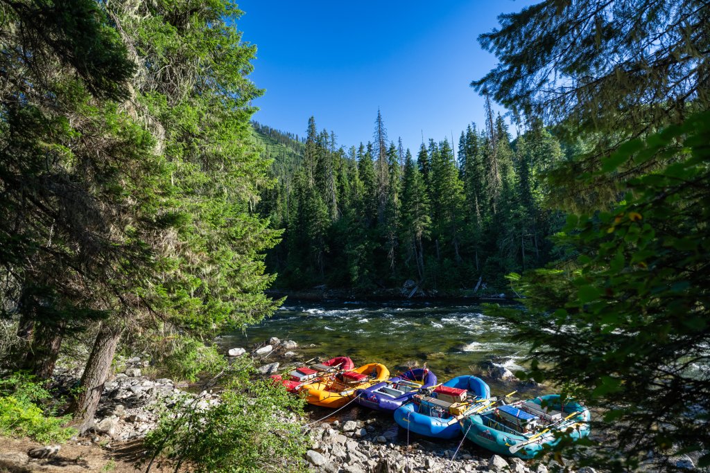 Rafts lined up near Moose Creek Campground on the Selway River with SOAR Northwest