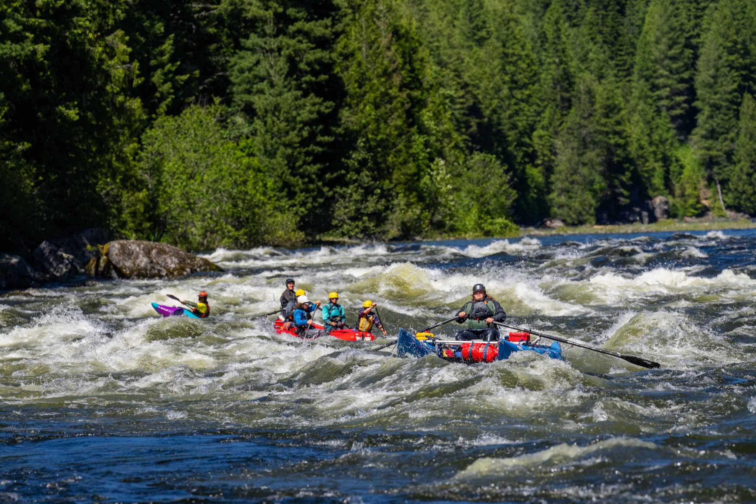 Group of rafters and kayakers paddle a wide, frothy section of river