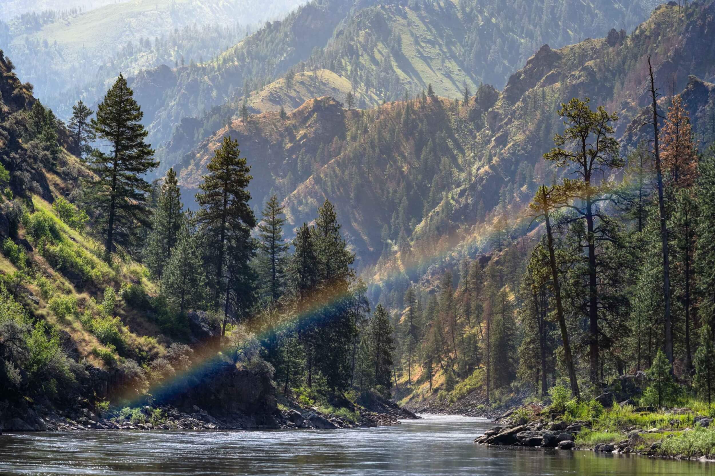 A rainbow stretches across a canyon above the Salmon River surrounded by forested slopes.
