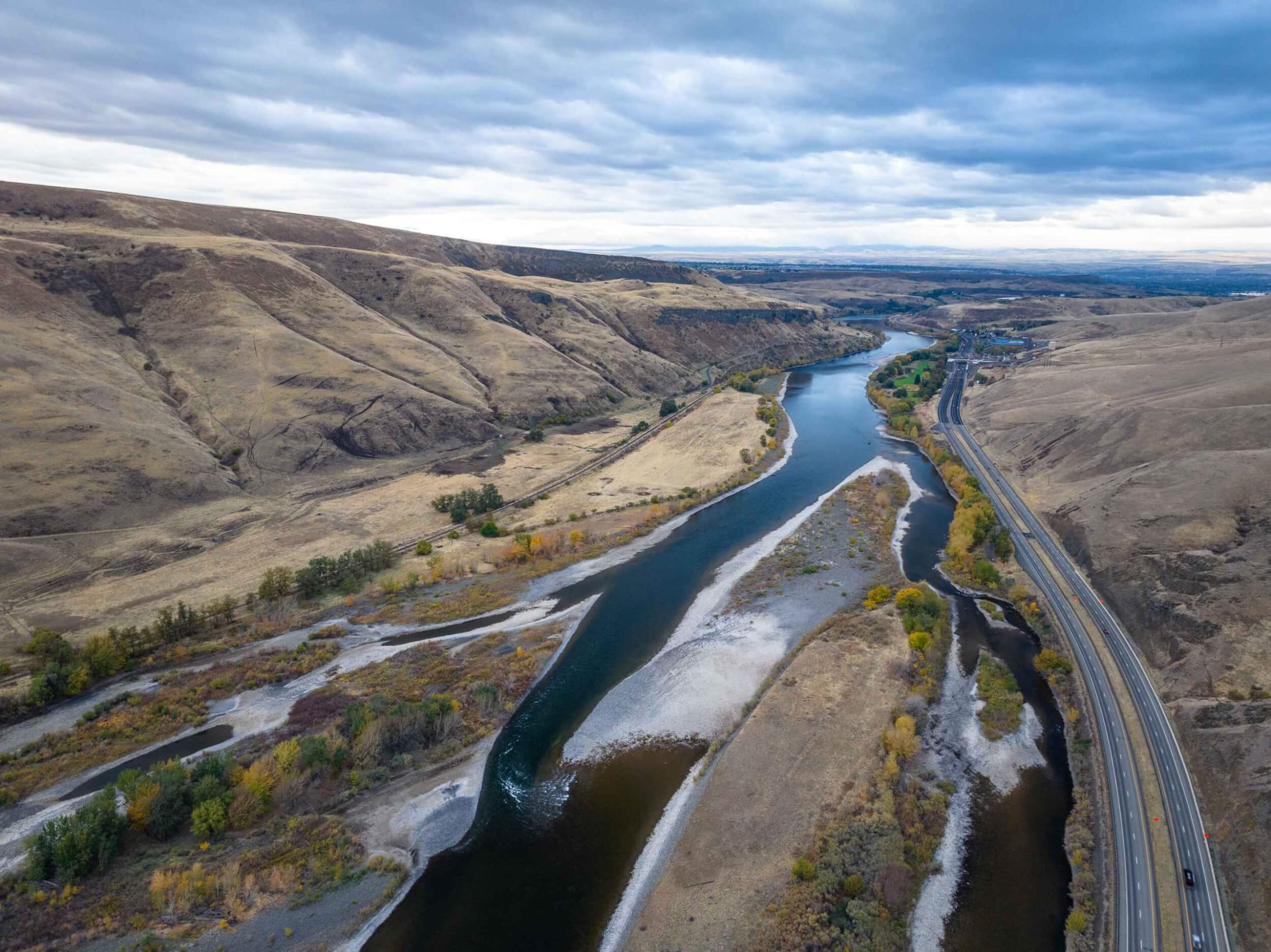 Aerial view of Hog Island and the Clearwater River near Lewiston.