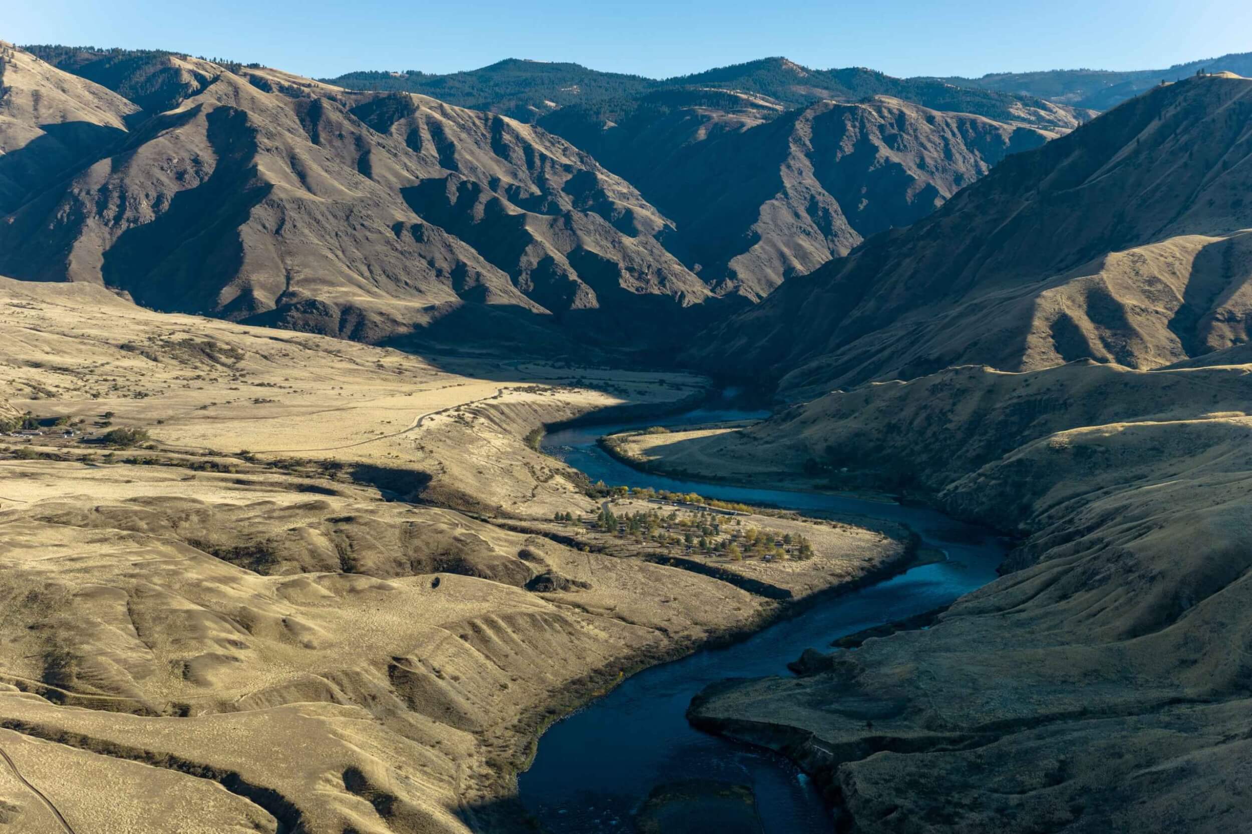 Aerial view of the Snake River winding through steep canyons near Pittsburg Landing.