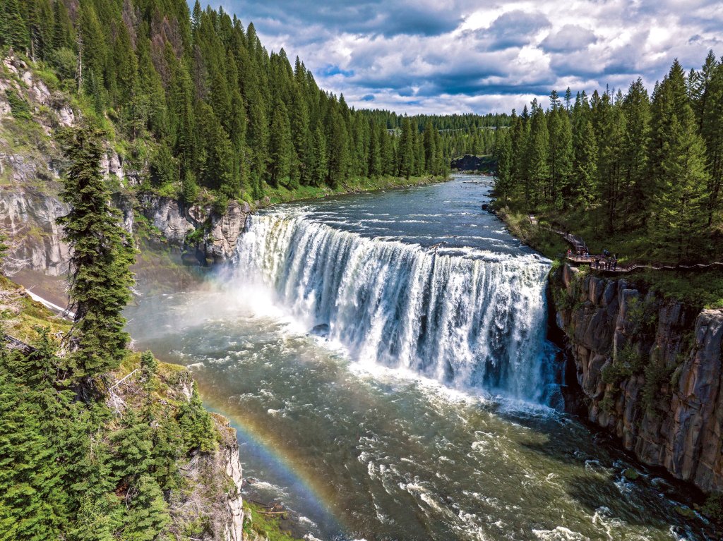 A view of Mesa Falls surrounded by tall trees.