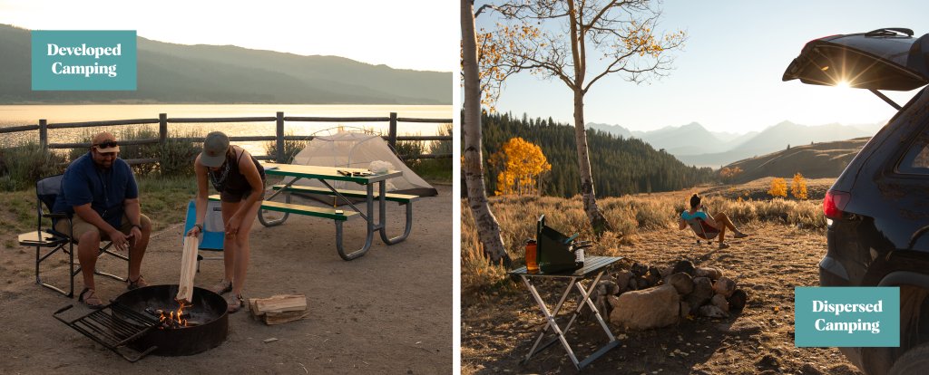 TRAVEL WITH CARE: CAMPING WITH CARE An image showing the differences between Developed and Dispersed camping.