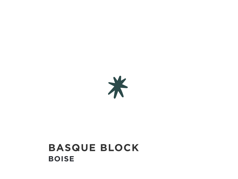 The words Basque Block, Boise over an illustrated map showing the Basque Block surrounded by various streets in Boise.