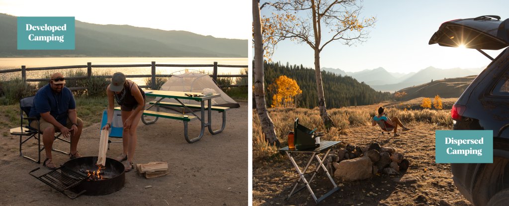 Camping With Care An image showing the differences between Developed and Dispersed camping.