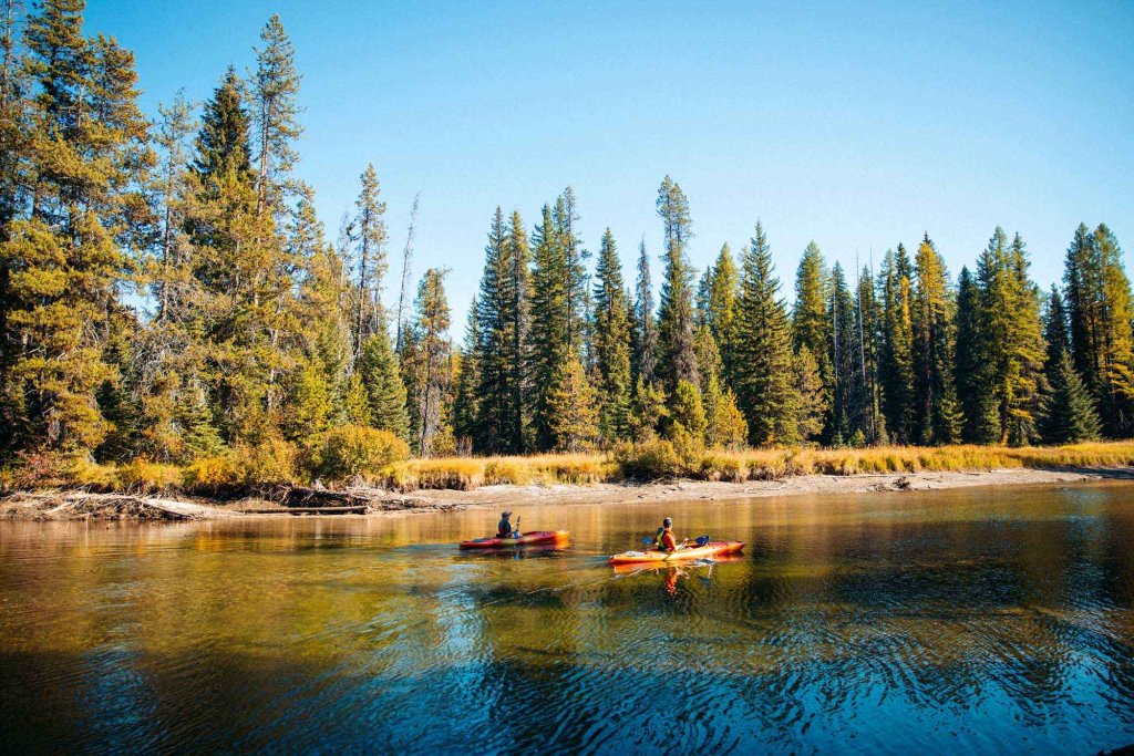 Two kayakers paddle a calm bend of the Payette River near McCall, surrounded by golden grass and forest.