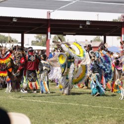 Dancers dressed in colorful regalia at the Shoshone-Bannock Indian Festival in Fort Hall, Idaho.