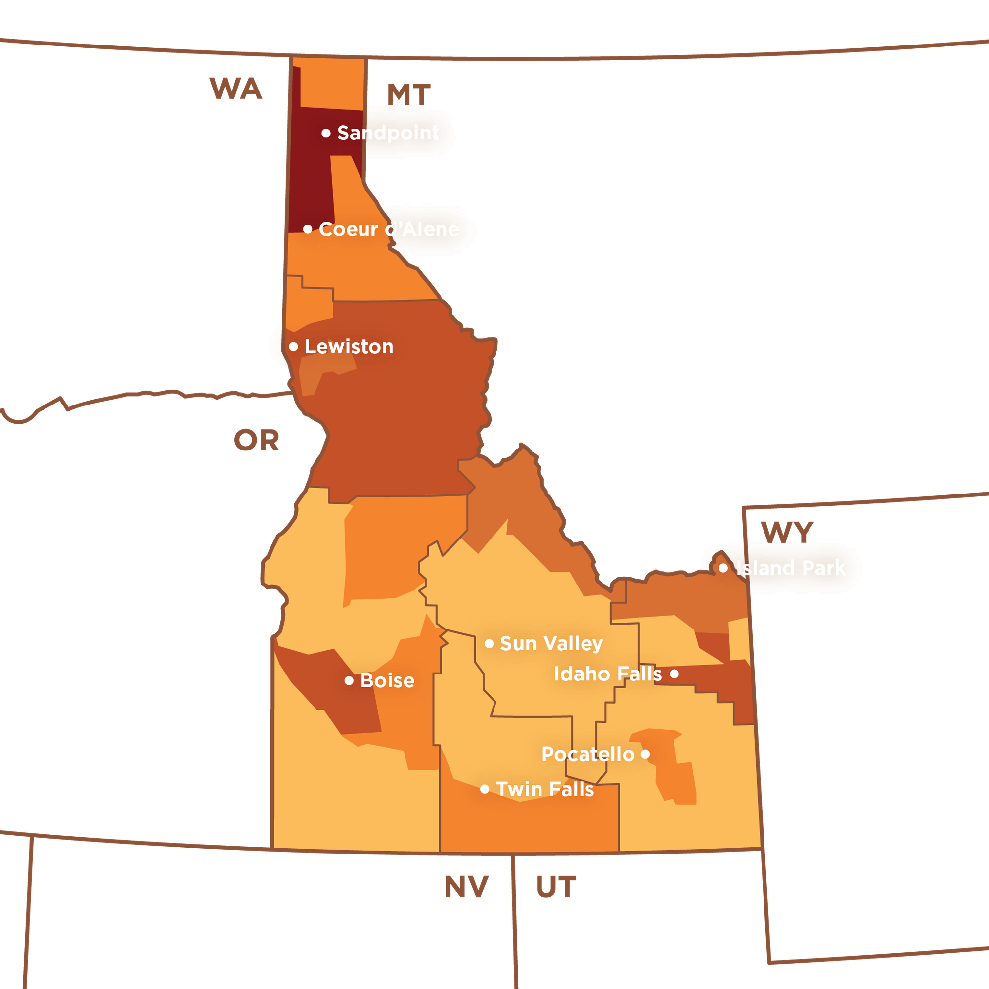 Fall Things To Do 25 An illustrated color-coded map of Idaho showing the various stages of foliage.