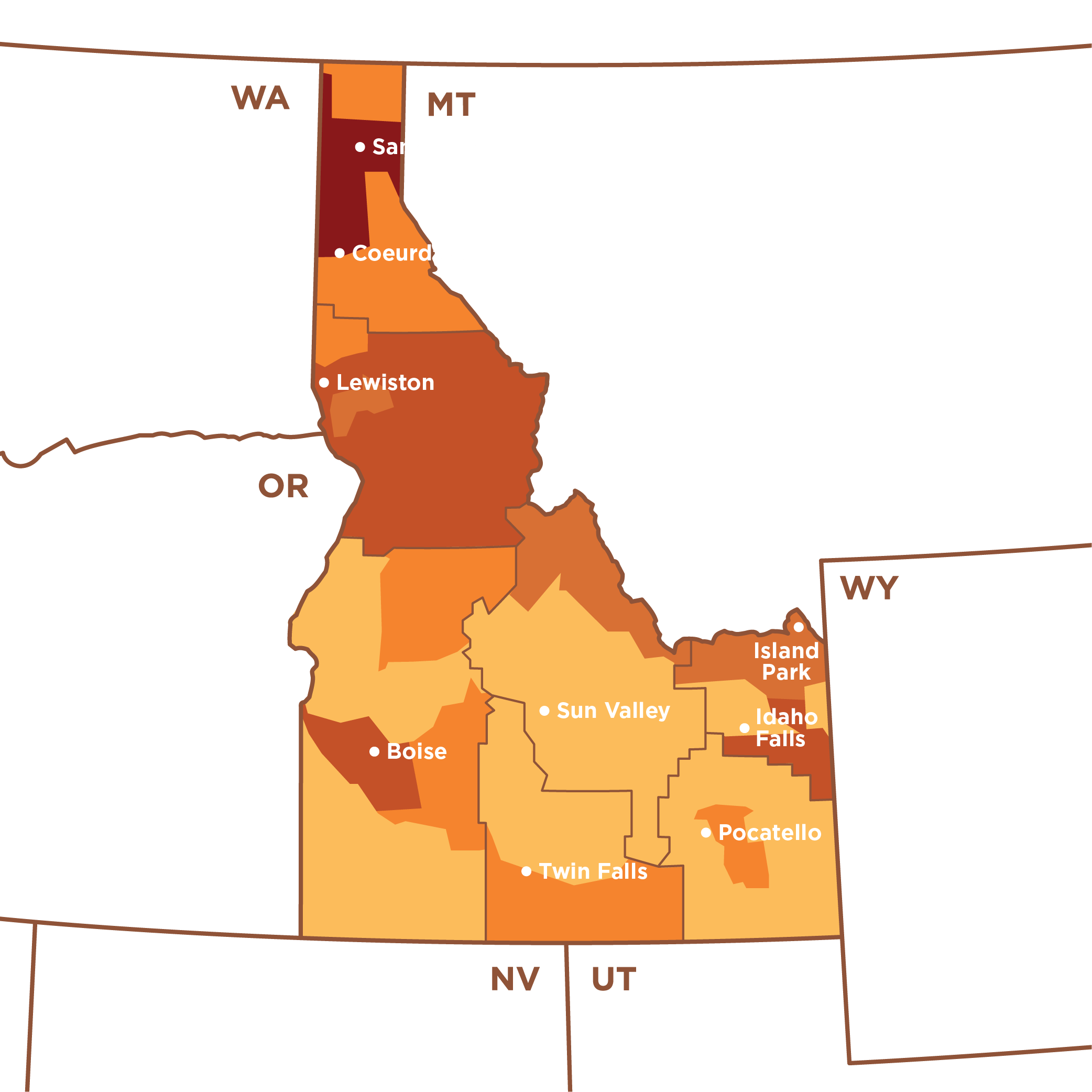 Fall Things To Do 25 An illustrated color-coded map of Idaho showing the various stages of foliage.