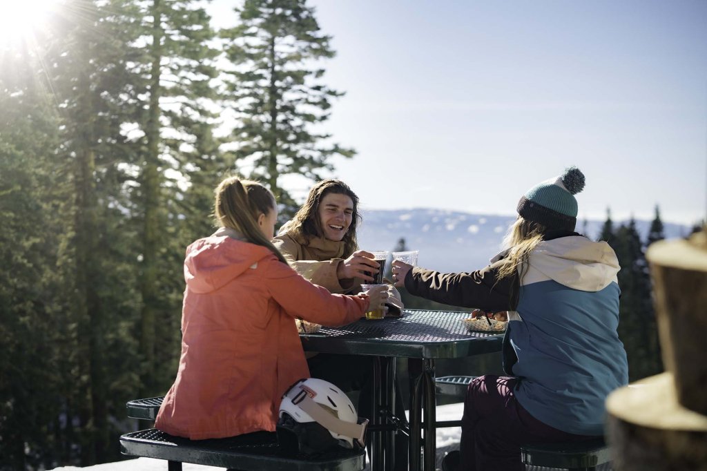 Skier carving through fresh snow with pine trees and snowy ridges in view