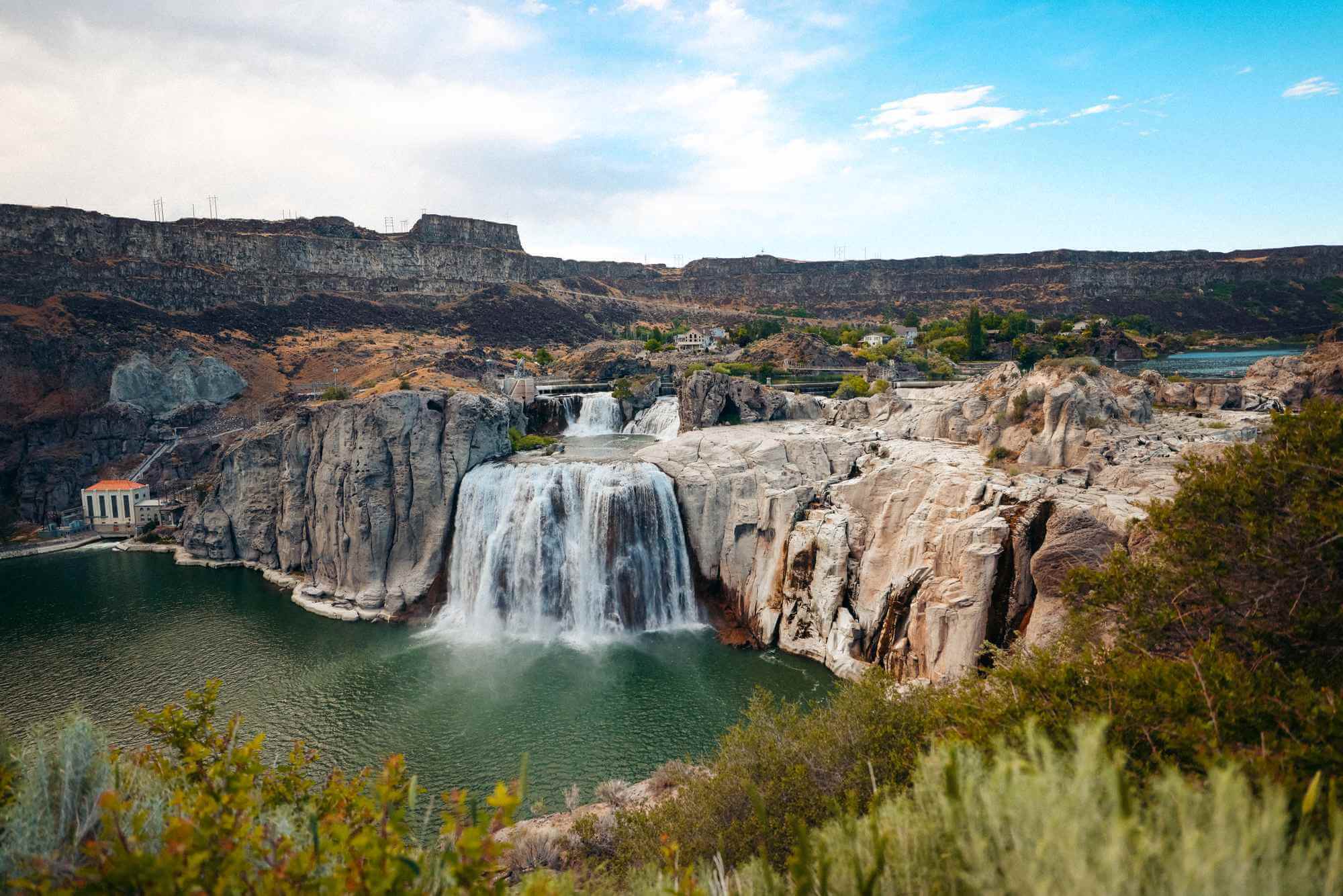 Wide view of cascading water at Shoshone Falls near Twin Falls.