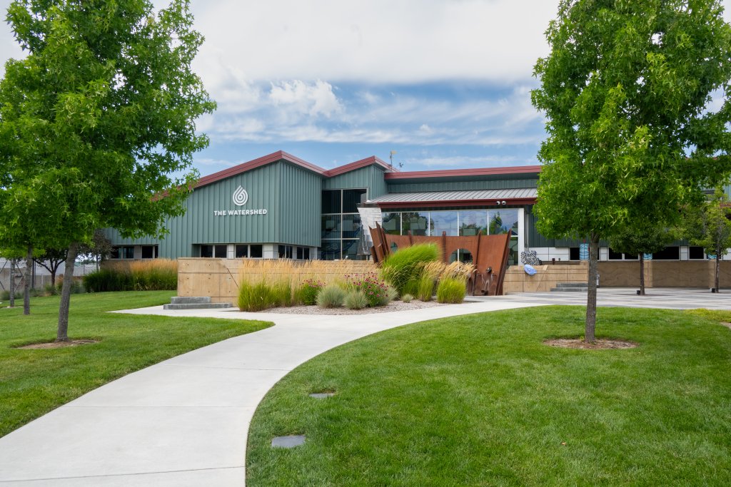 The sage green building sits in the background with a sidewalk and green space leading up to a the entrance featuring native wildflowers and tall grasses.
